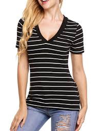 Black And White Striped Top Short Sleeve Women S Striped T Shirt Deep V Neck Short Sleeve Casual Basic Tunic Blouse Tops Black White C5183o43gz2 Black Top Women Stripe Tshirt Black Tops