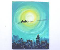 Acrylic Birds On A Wire Painting Bird Family Art Bird On A Wire Art Painting With Teal And Yellow Tones Vertical 11x14 Painting Four Birds On Wire Family Art Wire Art Family Painting