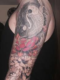 Half Sleeve Tattoo Yin Yang Koi Lotus Cherry Blossoms Peony Half Sleeve Tattoo Half Sleeve Tattoos Designs Half Sleeve Tattoos Lower Arm