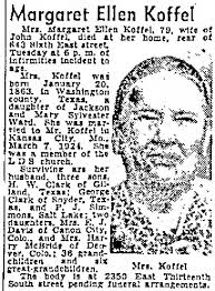 Obituary for Margaret Ellen Koffel