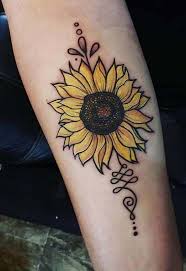 This Is On The Back Of Her Arm Next To Her Shoulder Colorful Sunflower Tattoo Sunflower Tattoo Tattoos