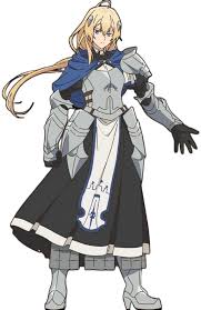 ines harness, ore wa subete wo parry suru, official art, 1girl, ahoge,  armor, armored boots, armored dress, armored gloves, black gloves, black  skirt, blonde hair, blue cape, boots, cape, closed mouth, gloves,