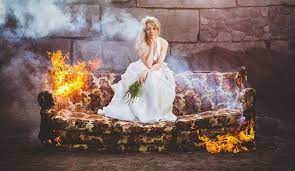 Bridal Photos On A Burning Couch Make A Statement About Divorce Culture Divorce Celebration Wedding Dress Photoshoot Bridal Photos