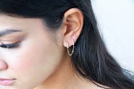 Connected Opal Hoops, Gold Huggies Hoop Earrings, Double-piercings Set, 14k  Gold Filled Chain, Combo of Two Hoops, Christmas Gift