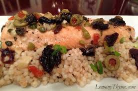 Salmon Marbella Over Toasted Israeli Couscous Lemony Thyme Recipe Food Recipes Israeli Couscous