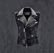 Handmade Black Punk Silver Long Spiked Silver Studded Leather Buttons Up Vest Silver Studs An Studded Leather Jacket Black Leather Biker Jacket Studded Leather