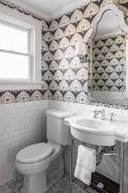 Black And White Tile Powder Room Serena Lily Palmetto Wallpaper White Bathroom Tiles Bathroom Wall Tile White Subway Tile Bathroom