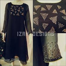 Izah33 Shiny Black Georgette Kurthi With Lining And Triangle Handwork On Chest Black Chest George Kurti Neck Designs Clothes Design Dress Neck Designs