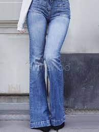 Hot promotions in jean evase femme on aliexpress: Pantalon Jean Evase Femme Bleu Bas Pantalon En Jean Taille Haute Avec Poches Milanoo Com