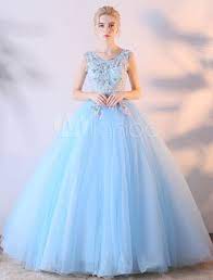 Prom Dress Ball Gown Baby Blue Lace Flowers Colored Wedding Dress V Neck Floor Length Quinceanera Dress Ball Dresses Ball Gowns Quinceanera Dresses