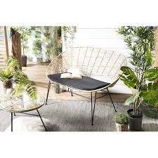 1 x canapé 2 x coussin de siège 2 x coussin de dossier 2 x oreiller. Canape 2 Places Rotin Naturel Newport Coussin Noir Pieds Metal