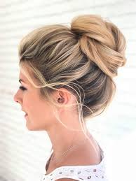 Messy High Bun On Blonde Highlighted Hair Gorgeous For A Wedding Updo Messy High Bun On Blon Bridesmaid Hair Side Bridesmaid Hair Messy High Bun Hairstyles