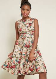Twirl Back In Time Fit And Flare Dress In Beige Floral Fit N Flare Dress Fit And Flare Dress Work Dresses For Women