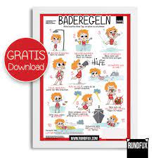 Wir wünschen euch einen tollen und sicheren sommer! Poster Gratis Baderegeln Kinder Download Rundfux
