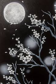 Black And White Cherry Blossom Wall Art Black And White Cherry Blossom Moon Painting Original Art Etsy Dark Paintings Black Canvas Paintings Moon Painting