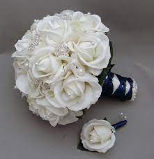 Wedding bouquets baby blue ribbon. White Bouquet And Navy Ribbon For A Winter Wedding Bridal Bouquet Blue Silk Flower Bridal Bouquet Wedding Flowers