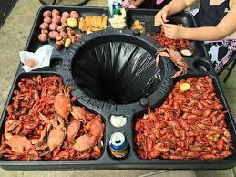 Crab Crawfish Picnic Table With Trash Can Center Seafood Boil Party Food Seafood Boil Recipes
