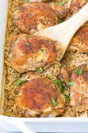Baked Chicken And Rice Casserole Recipe Yummly Recipe Chicken Thigh Recipes Baked Chicken Thights Recipes Boneless Chicken Thigh Recipes
