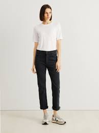 Mother Straight Leg Jeans Scrapper Cuff Ankle Fray Dunkelgrau Straight Leg Jeans