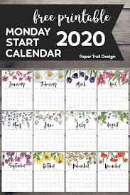 Free Printable 2020 Monday Start Calendar Floral Paper Trail Design Free Printable Calendar Planner Printables Free Diy Calendar