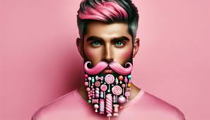 digital colourful waist-up portrait from front view of a 33-year old A-list  male model with flawless facial featured with a pinned-up pink hair with  black hues and with oversized, whimsical pink moustache