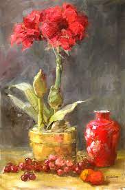 Red Amaryllis 19x23 Oil Barbara Schilling Flower Painting Amaryllis Painting Flower Art