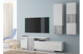 Meuble Tv Mural Design Alexia Blanc Brillant Et Effet Beton Gris Avec Deux Meubles Suspendus Et Un Meuble Ba Meuble Tv Mural Design Meuble Tv Meuble Tv Mural