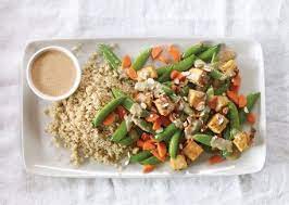 Peas Carrots And Tempeh With Miso Almond Sauce Recipe Recipe Vegetarian Times Vegetarian Veg Recipes
