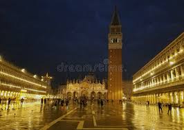 Nighttime View of a Flooded San Marco Plaza during the High Water Tide  Editorial Photo