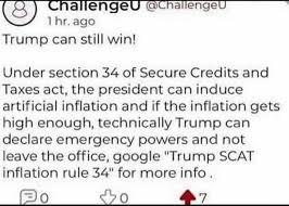 ChallengeU @cnhaliengeU hr. ago Trump can still win! Under section 34 of  Secure Credits and Taxes act, the president can induce artificial inflation  and if the inflation gets high enough, technically