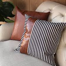 Modern Black And White Stripes With Faux Leather Detail Throw Etsy Black And White Pillows White Throw Pillows Black And White Decor