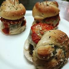Garlic Knot Meatball Sliders Homemade Jumbo Garlic Knots Sliced In Half And Used As A Bun Topped With Homema Homemade Meatballs Recipe Food Soup And Sandwich
