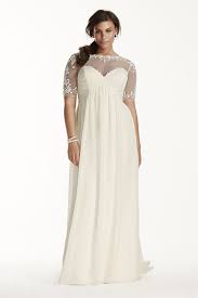 Illusion Sleeve Chiffon Plus Size Wedding Dress David S Bridal Plus Size Wedding Dresses With Sleeves Empire Waist Wedding Dress Wedding Dresses