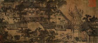 wei xian 衛賢 五代卫贤闸口盘车图卷上海博物馆藏 闸口盘车图 画河旁闸口一座磨面作坊 画面左中部位是安置水磨的堂屋 堂屋两端各置望亭一座 台基前面是河道 河面上有两艘运粮引渡的蓬船 对河是坡道 木桥横亘在画面下方 坡上有六辆独轮车 painting art