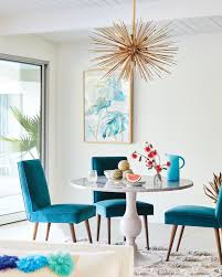 Teal Dining Room Chairs And Gold Light Fixture Colorful And Happy Decor Trending Decor Modern Dining Room Decor