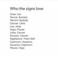 Scorpios are all about intimacy and love creating an emotional bond with their. Who The Signs Love Aries Leo Taurus Scorpio Gemini Nobody Cancer Libra Leo Aries Virgo Pisces Libra Cancer Scorpio Cancer Sagittarius Them Self Capricorn Aquarius Aquarius Capricorn Pisces Virgo Love Meme On