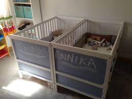 I Painted The End Of The Sundvik Cribs With Periwinkle Chalkboard Paint From Rustoleum Half The Can Did Three Coats Nursery Twins Twin Baby Rooms Ikea Crib