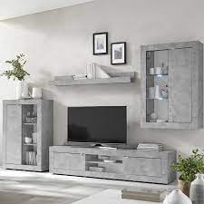 Mobilier en blanc aux accents bois et tapis à rayures en noir et blanc dans le salon. Ensemble Meuble Tv Mural Meuble Tv Avec Rangement Meubles