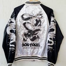 Vintage Sukajan Dogtown Black Dragon And Sleeve Embroidery Japan Souvenir Jacket Tradition Japanese Bomber Satin Jacket Size L Black Dragon Black Satin Jackets