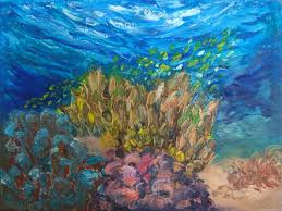 Teal coral poster, coral reef printmaking sea, reef, blue, ocean png. Underwater Painting Coral Reef Of The Red Sea Abusoma Garden Was Created Underwater By Olga Nikitina 2018 Painting Oil On Canvas Singulart
