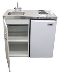 propane stovetop, sink, fridge, storage