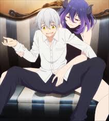 alto goldfield, vermeil (kinsou no vermeil), kinsou no vermeil, anime  screenshot, highres, stitched, third-party edit, 1boy, 1girl, breasts,  demon girl, demon horns, horns, interior, large breasts, medium hair,  pointy ears, purple hair,