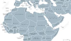 Le cachemire, partagé entre l'inde et le pakistan, est un territoire revendiqué par les deux pays. North Africa And Middle East Political Map With Countries And Borders English Labeling Maghreb Mediterranean West And Central Asian Countries Gray Illustration On White Background Vector Royalty Free Cliparts Vectors And Stock