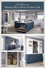 blue shaker kitchen island and pantry