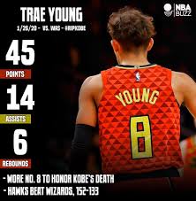 NBA Buzz - Trae Young dropped 45 PTS while wearing No. 8 in honor of Kobe  Bryant's death! #RIPKobe ❤️ | Facebook
