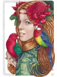 Redhead Woman With Australian Birds Print by Debra Meier Art, Native Flower  Wall Art, Australian Flowers and Birds ,artwork Gift