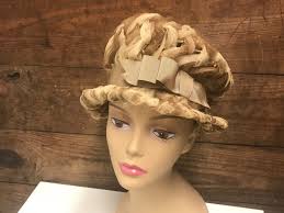 Vintage Taupe and Ivory Tulle Ribbon Cloche Hat by Terry's of Boston, Front  Grosgrain Taupe Bow, Vintage Taupe Cloche Hat