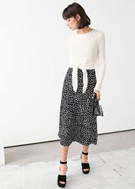 Black A Line Midi Skirt Satin A Line Midi Skirt In 2020 Black Midi Skirt Outfit Midi Skirt Polka Dot Skirt Outfit