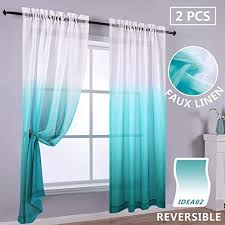 Buy vogol small window valances curtains, birds printed window curtain tier pair 36 inch long pocket window treatments for kitchen cafe, 2 panels: Amazon Com Reversible Ombre Curtains Teal White Sheer Window Curtain Panel 2 Faux Linen Semi Sheer Curtains For Be Teal Curtains Ombre Curtains Kids Room Sets