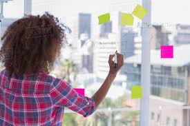 Woman Drawing On Flowchart With Sticky Notes In Bright Office 176751